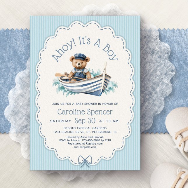 Ahoy Boy Nautical Bear Baby Shower Invitation (Creator Uploaded)