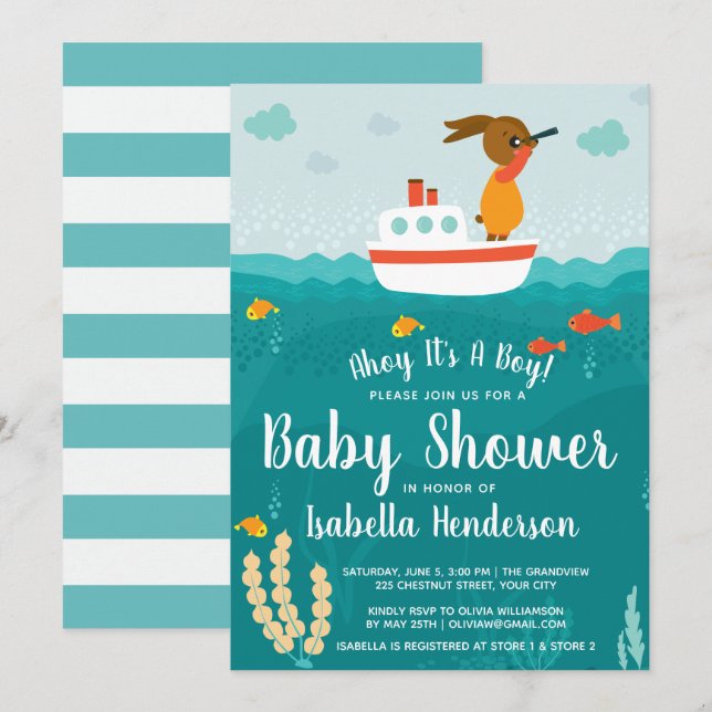 Ahoy Boy Nautical Boat Baby Shower Invitation (Front/Back)