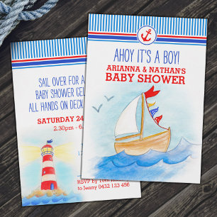 Ahoy boys baby shower boat nautical watercolor invitation