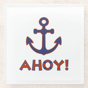 AHOY! Buoy + Anchor Design Red+Blue Glass Coaster
