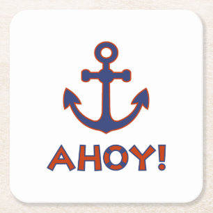 AHOY! Buoy + Anchor Design Red+Blue Square Paper Coaster