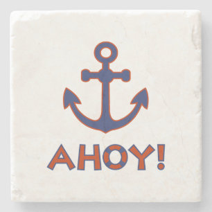AHOY! Buoy + Anchor Design Red+Blue Stone Coaster