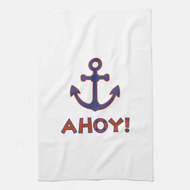 AHOY! Buoy + Anchor Design Red+Blue Tea Towel (Vertical)