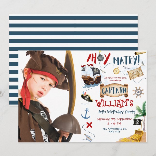 Ahoy Captain Photo Pirate kids Birthday Party Invitation (Front/Back)