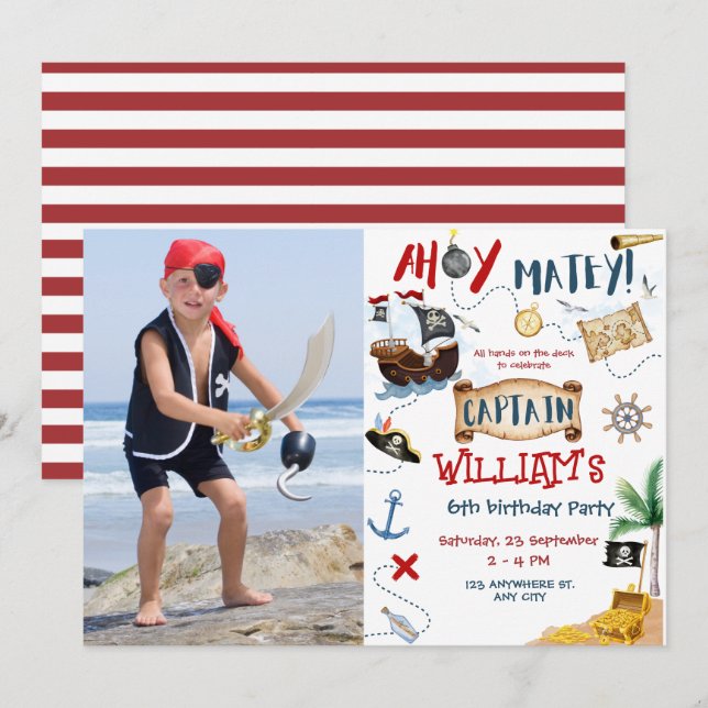 Ahoy Captain Photo Pirate kids Birthday Party Invitation (Front/Back)