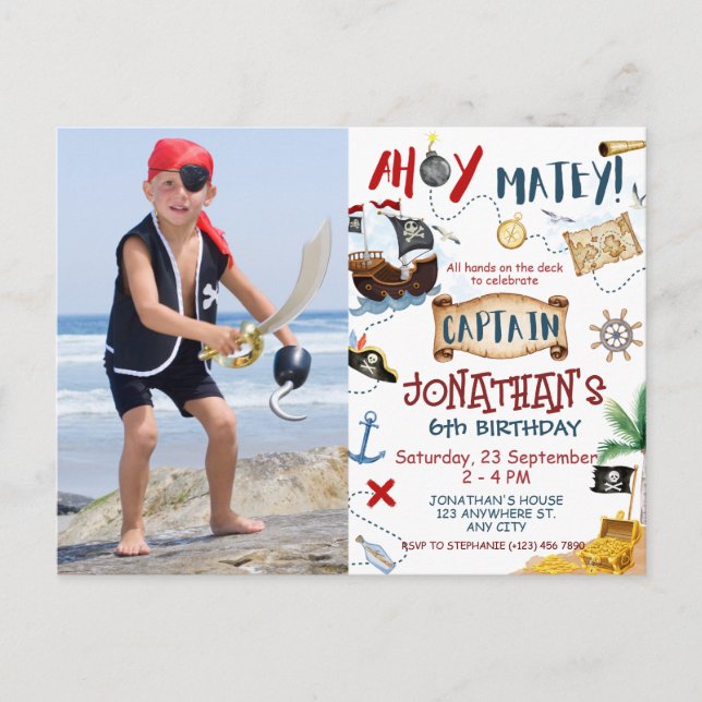 Ahoy Captain Photo Pirate kids Birthday Party Postcard (Front)