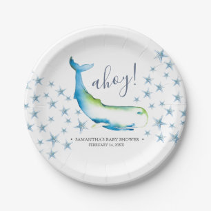 Ahoy Cute Blue Whale Baby Shower Paper Plate