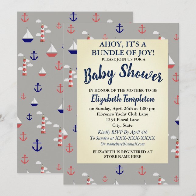 Ahoy Cute Nautical Baby Shower Invitation (Front/Back)