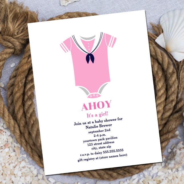 Ahoy Girl Nautical Sailor Suit Baby Shower Invitation (Creator Uploaded)