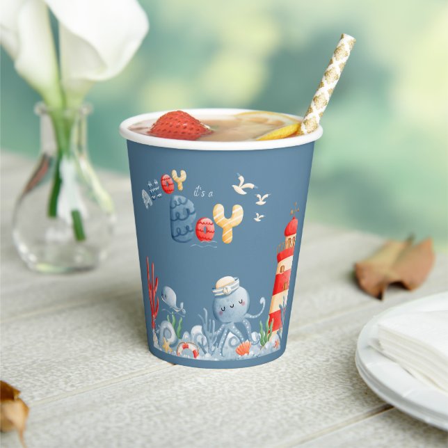 Ahoy It’s a Boy Blue Nautical Baby Shower Paper Cups (Insitu)