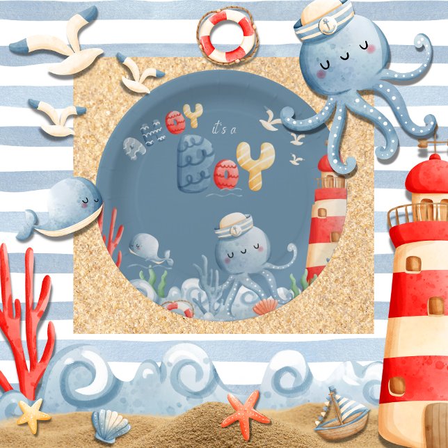 Ahoy It’s a Boy Blue Nautical Baby Shower Paper Plate (Creator Uploaded)