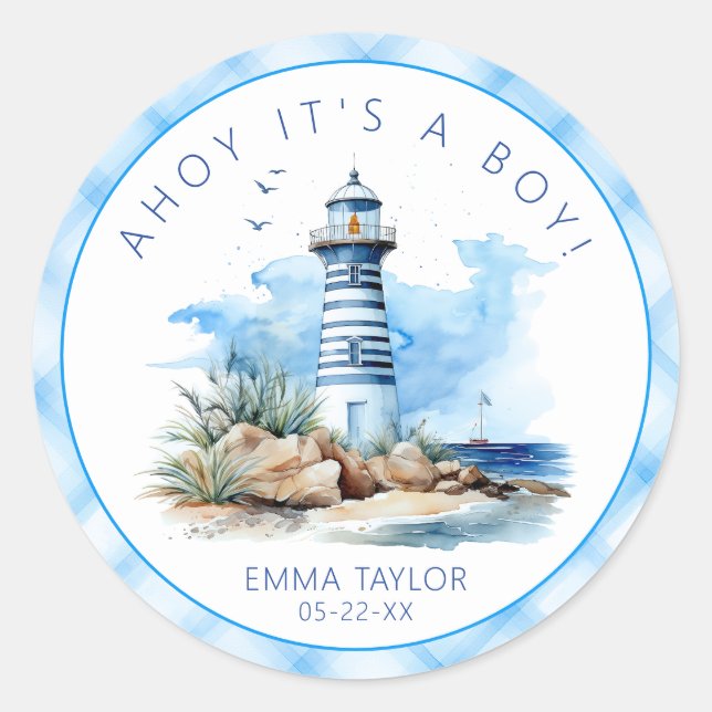 Ahoy It’s a Boy Nautical Lighthouse Baby Shower  Classic Round Sticker (Front)