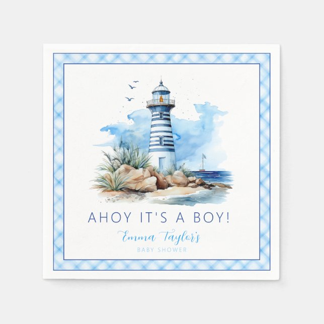 Ahoy It’s a Boy Nautical Lighthouse Baby Shower  Napkin (Front)