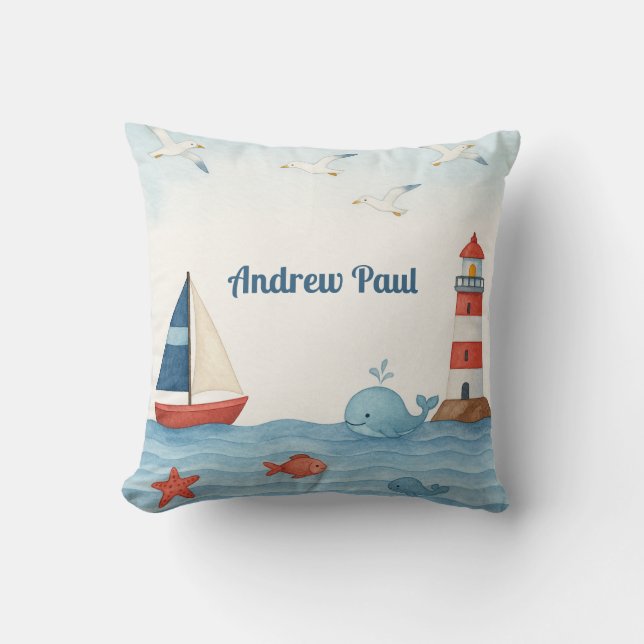 Ahoy It’s a Boy Nautical Nursery Throw Pillow (Front)