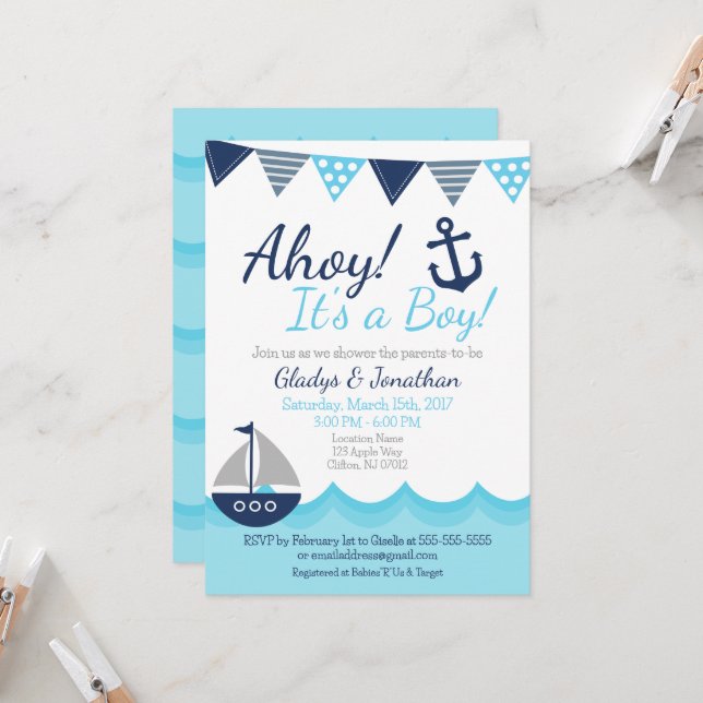 Ahoy! It’s a Boy Nautical Sailor Baby Shower Invit Invitation (Front/Back In Situ)