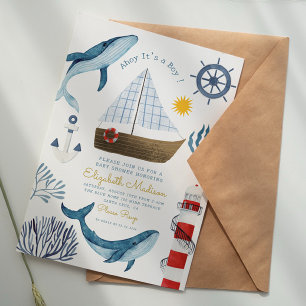Ahoy It’s a boy Sail Whale Lighthouse Baby Shower Invitation