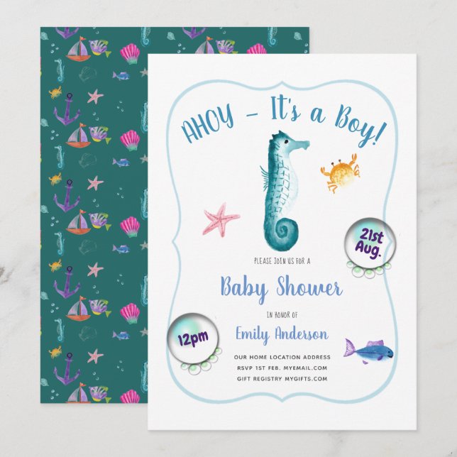 AHOY its a Baby Boy Shower Invites Ocean Seahorse (Front/Back)