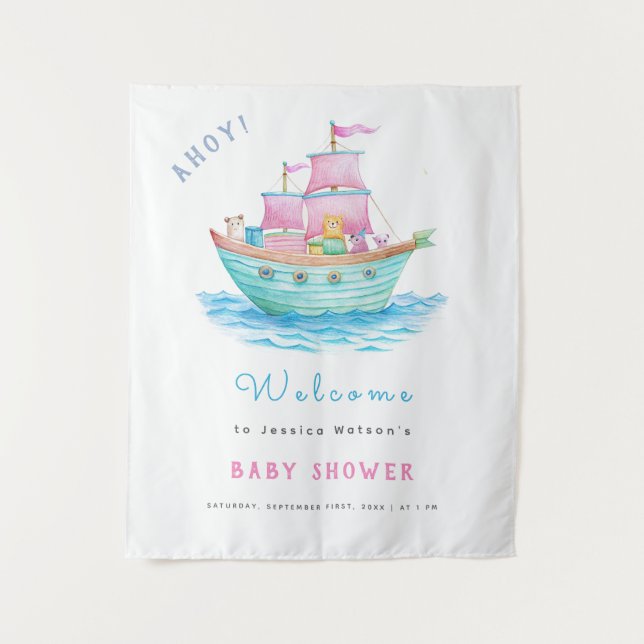 Ahoy It's A Baby Ship Animals Sailboat Baby Shower Tapestry (Front)
