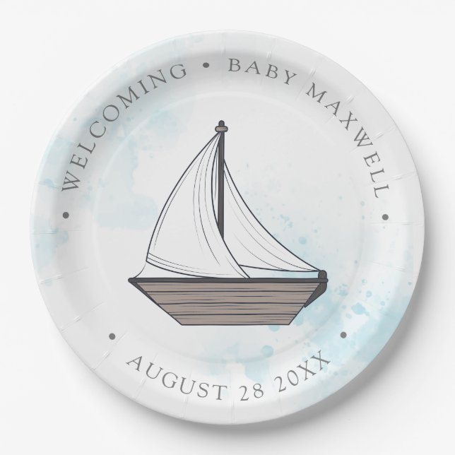 Ahoy! It's a Boy! Baby Sailboat Baby Paper Plate (Front)