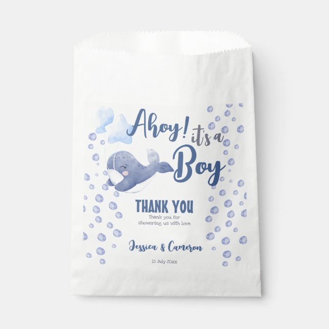 Ahoy it's a boy baby shower blue whale custom favour bags (Front)