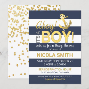 Ahoy it's a Boy Baby Shower Invitation Gold Navy
