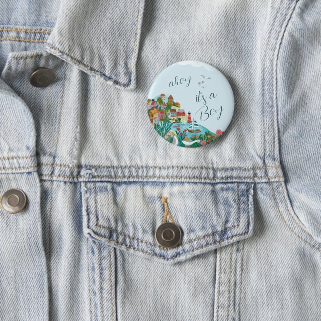 Ahoy it's a boy baby shower party 6 cm round badge (In Situ)