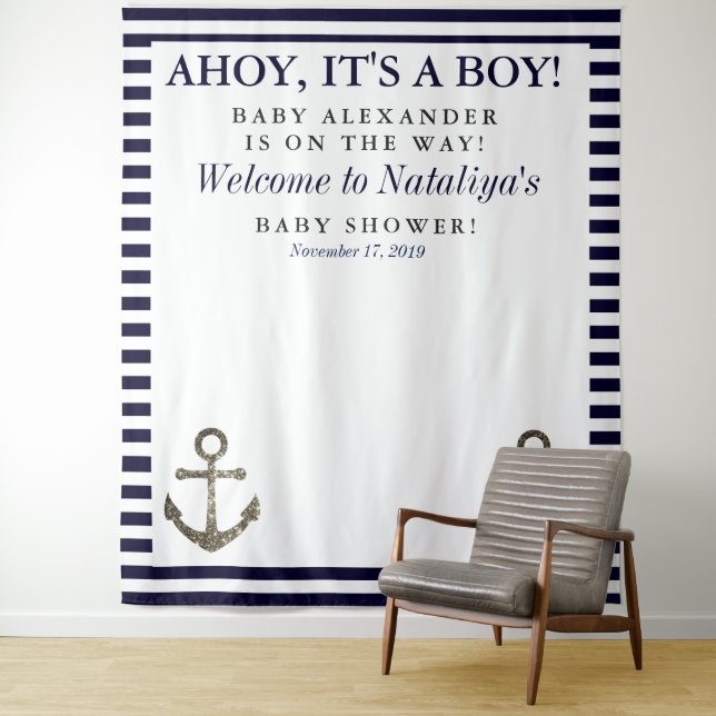 Ahoy It's a Boy Baby Shower Photo Booth Tapestry (In Situ)