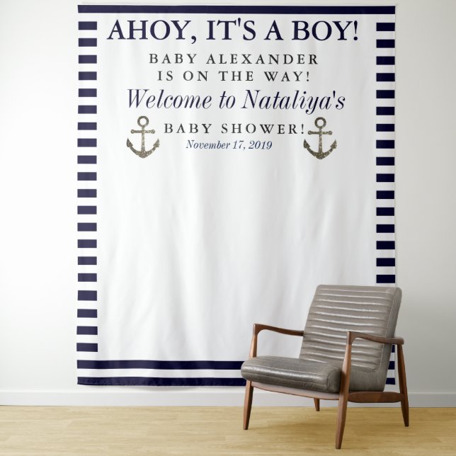 Ahoy It's a Boy Baby Shower Photo Booth Tapestry (In Situ)