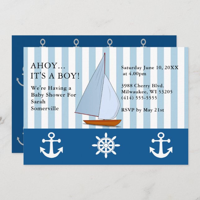 Ahoy It's a Boy Baby Shower Sailing Sepia Blue Invitation (Front/Back)