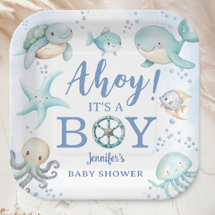 Ahoy it's A Boy  Baby Shower Sailor Nautical Blue Paper Plate