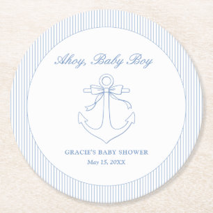 Ahoy It's a Boy Baby Shower Simple Nautical Round Paper Coaster