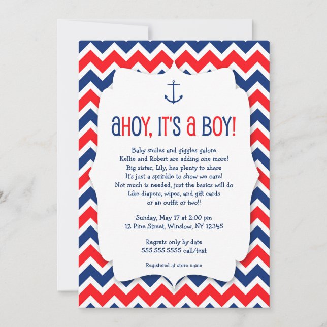 Ahoy it's a boy baby sprinkle invite / nautical (Front)
