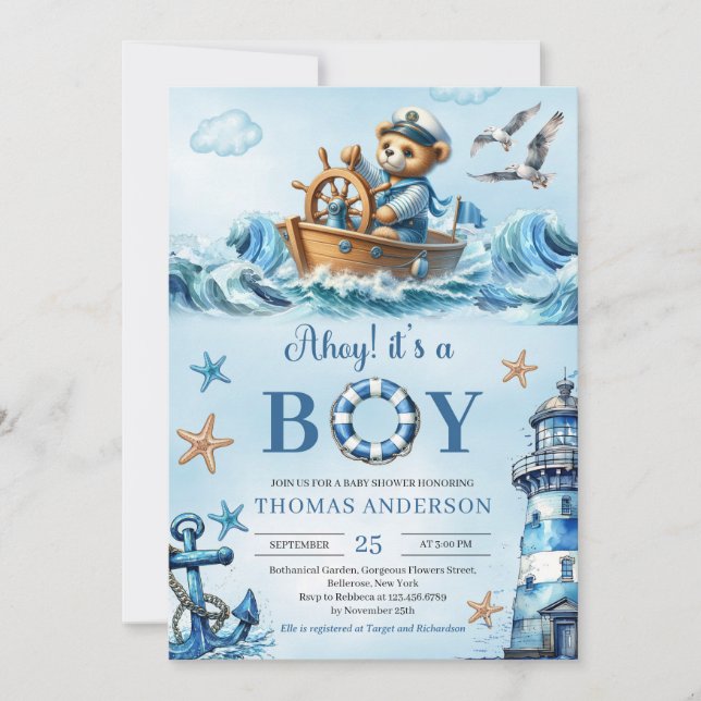Ahoy it's a boy blue and brown teddy bear sailor invitation (Front)