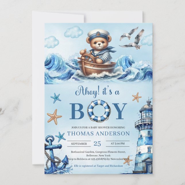 Ahoy it's a boy blue and brown teddy bear sailor invitation (Front)