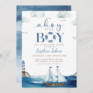 Ahoy It's A Boy Blue Boat Nautical baby shower Invitation
