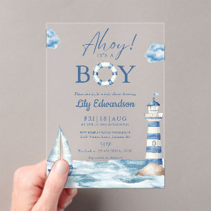 Ahoy Its A Boy Blue Nautical Baby Shower Acrylic Invitations