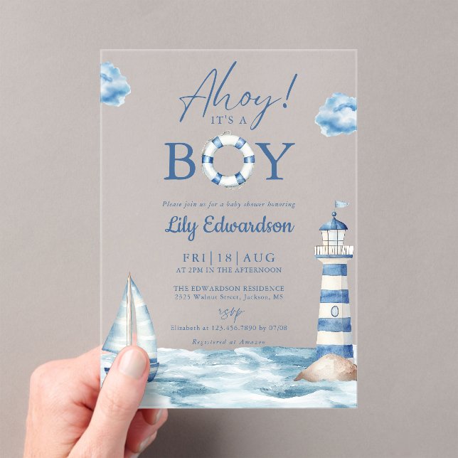 Ahoy Its A Boy Blue Nautical Baby Shower Acrylic Invitations (Insitu (Handheld))