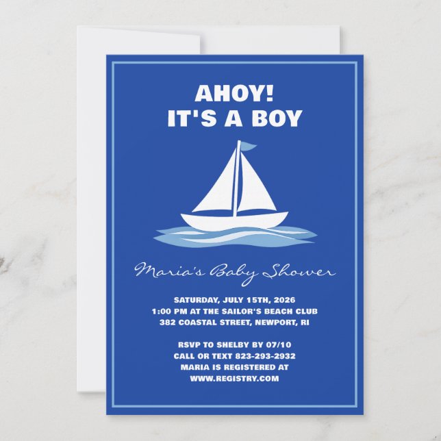 Ahoy It's a Boy! Blue Nautical Boat Baby Shower  Invitation (Front)