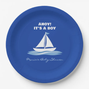 Ahoy It's a Boy! Blue Nautical Boat Baby Shower  Paper Plate