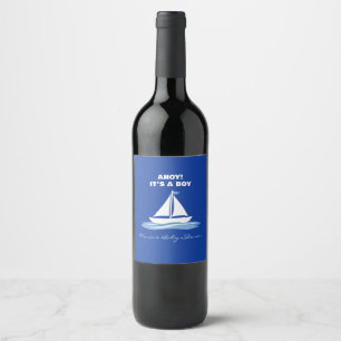 Ahoy It's a Boy! Blue Nautical Boat Baby Shower Wine Label