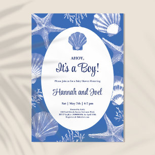 Ahoy Its a boy Blue Ocean Shells Baby Shower Invitation
