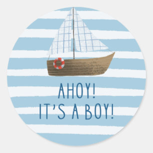 Ahoy its a boy blue Sailboat baby shower Classic Round Sticker