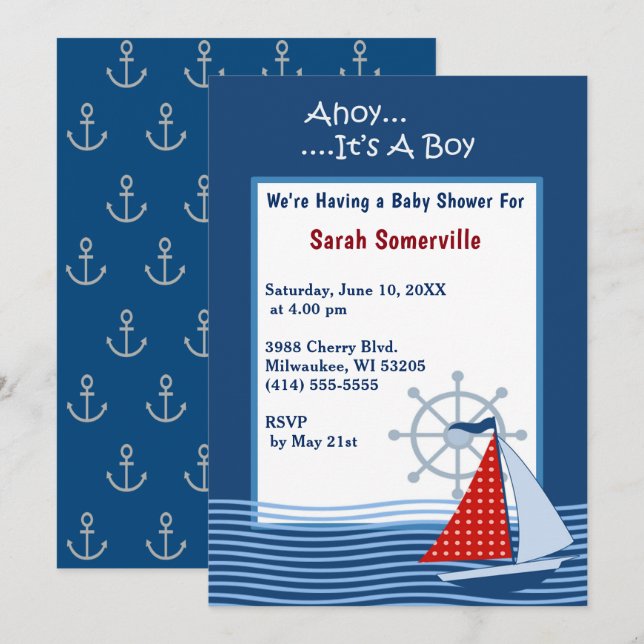 Ahoy It's a Boy Blue Sailboat Baby Shower  Invitation (Front/Back)