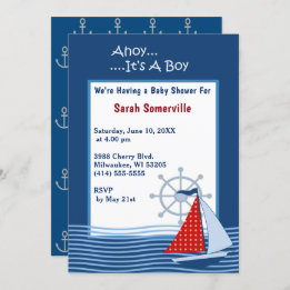 Ahoy It's a Boy Blue Sailboat Baby Shower  Invitation