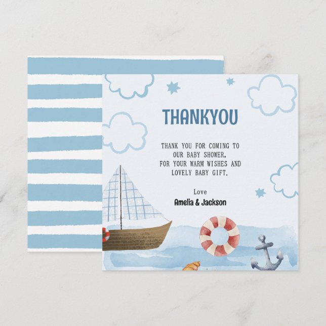 Ahoy its a boy blue Sailboat  baby shower Thank You Card (Front/Back)
