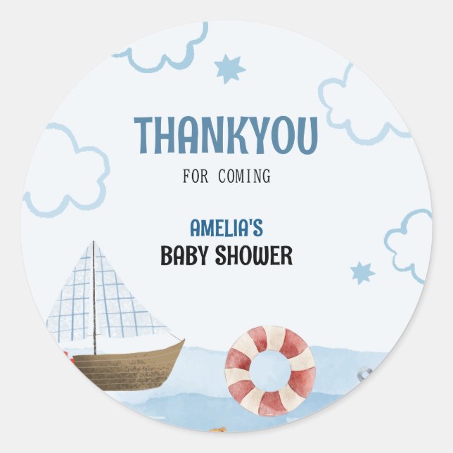 Ahoy its a boy blue Sailboat  baby shower thankyou Classic Round Sticker (Front)