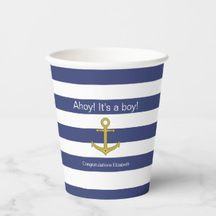 Ahoy! It's a boy! Blue White Nautical Baby Shower Paper Cups