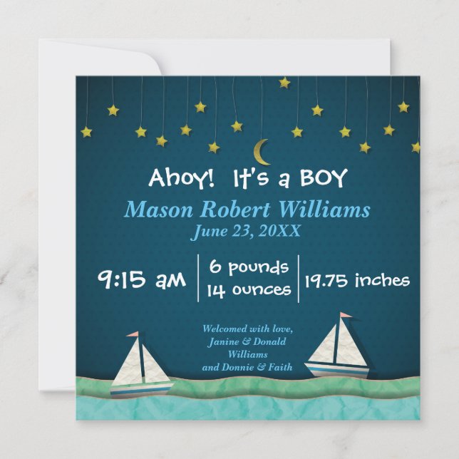 Ahoy, It's a BOY boat & Stars - Birth Announcement (Front)
