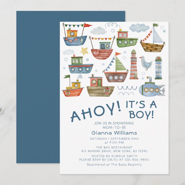 AHOY! It's A Boy Cute Nautical Baby Shower Invitation (Front/Back)