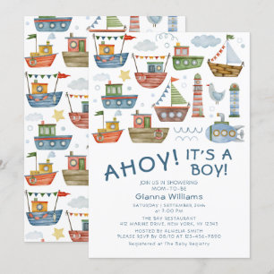 AHOY! It's A Boy Cute Nautical Baby Shower Invitation